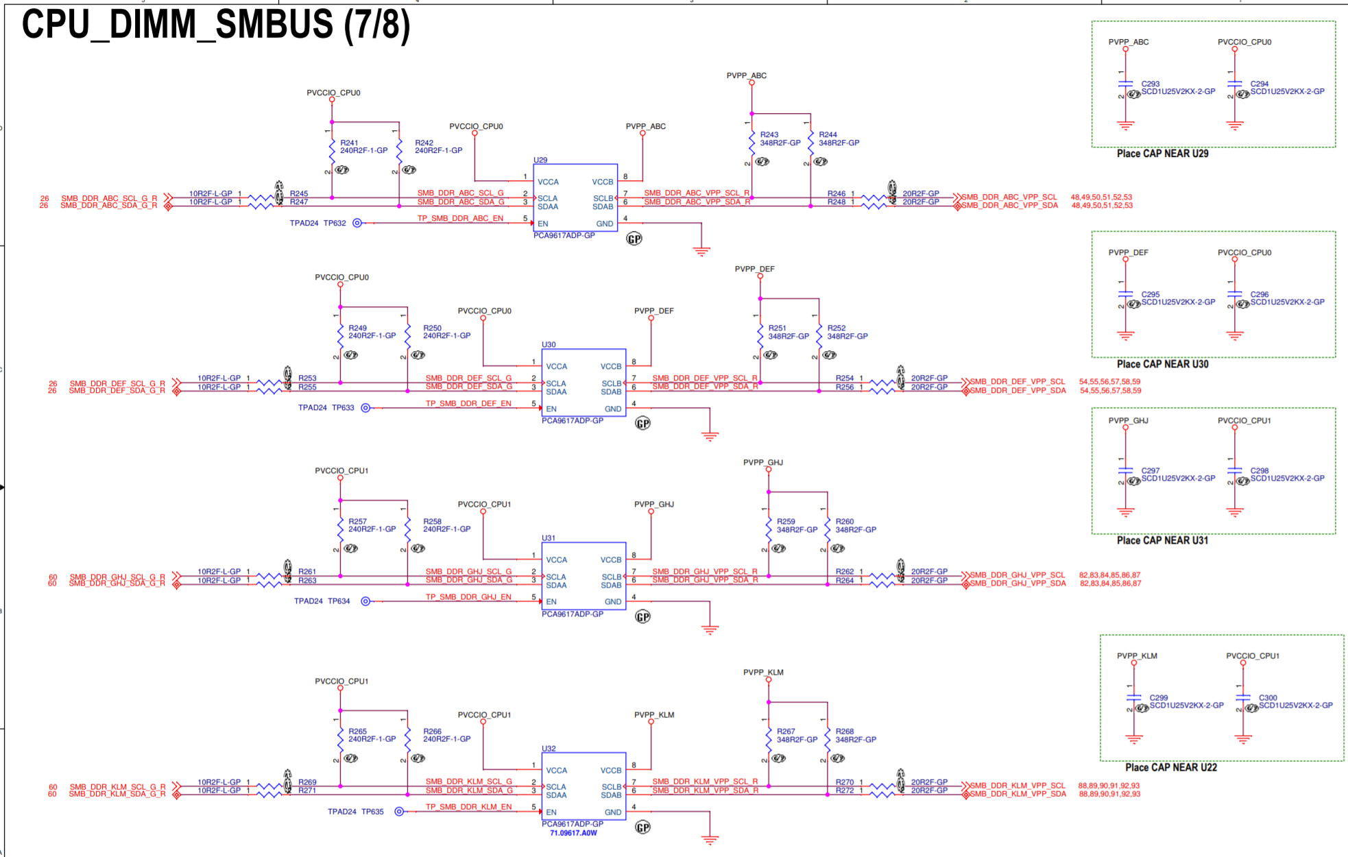 A circuit schematic titled CPU_DIMM_SMBUS. This shows four sets of SMBus signals going from one side to the other, separated by PCA9617 I2C buffer ICs. On the left, the connections use naming conventions from the CPU. On the right, the connections use naming conventions from the DIMM sockets. This indicates that the IMC’s SMBus is directly connected to the DIMMs and nothing else.