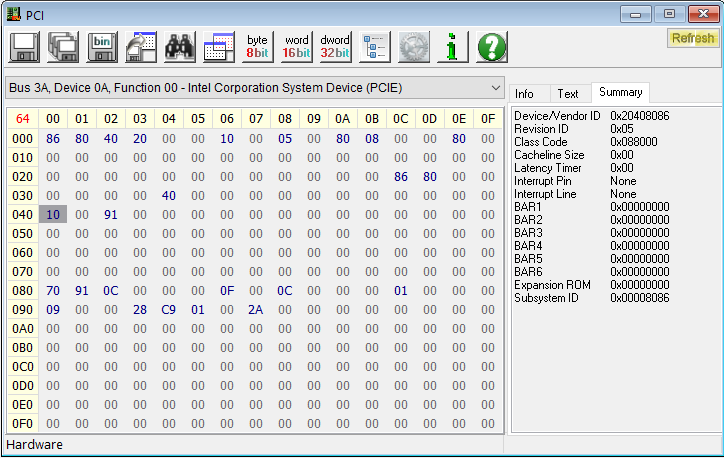 A screenshot of RW Everything showing the PCI device data for bus 0x3A, device 0x0A, function 0x00. The data at offset 0x40 is highlighted, and it reads 10 00 91 00 as expected. The pane on the right shows information about the device, including the Device/Vendor ID, which is 0x20408086.