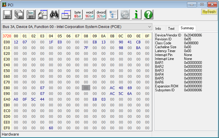 Another screenshot of the IMC PCI device in RW Everything, this time showing addresses 0xE00 to 0xEFF. Address 0xE88 is highlighted, and the value of the fourth byte in the register is 0xAC. The same goes for the register at 0xE98.