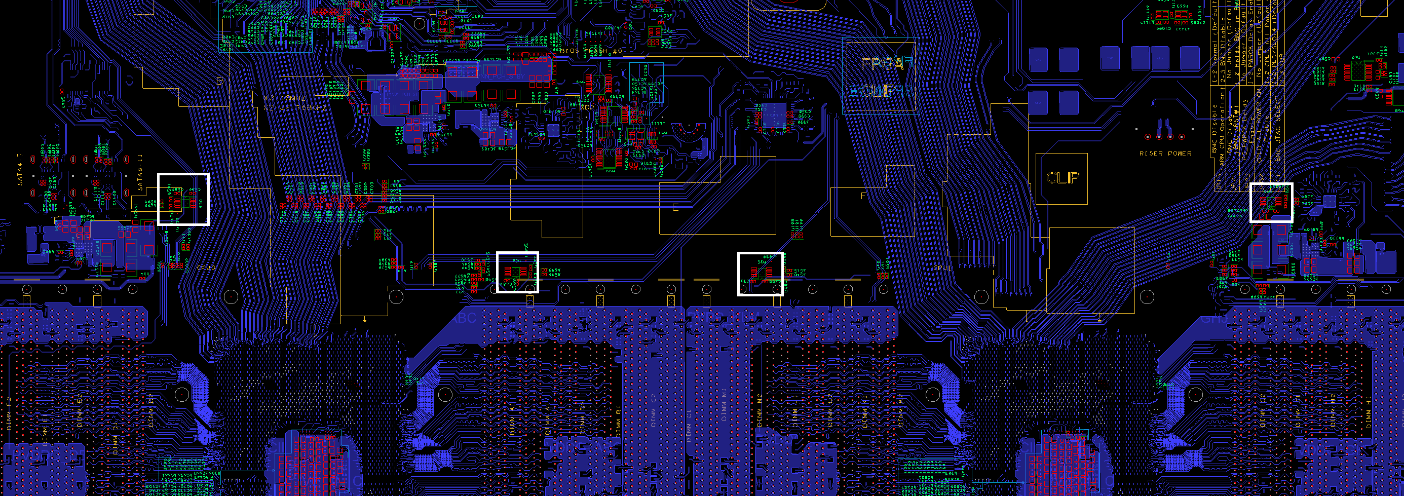 Picture of the PCB layout. Four ICs are marked with white squares. The pads of the ICs are red, whereas much of the rest of the board’s copper is shown in blue.