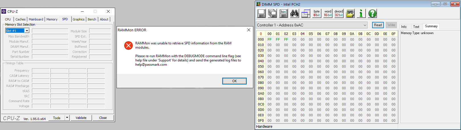 Screenshots of CPU-Z, RAMMon, and RW Everything, to demonstrate the problem. On the left, CPU-Z’s SPD tab shows no information for any of the fields. In the middle, RAMMon shows an error with the text “RAMMon was unable to retreive SPD information from the RAM modules.” On the right, RW Everything’s DIMM SPD window shows “Intel PCH2” in the window title, and a single controller at address 0xAC, but the data is just “FF FF FF” followed by zeroes. In the right panel it says “Memory Type: unknown”.