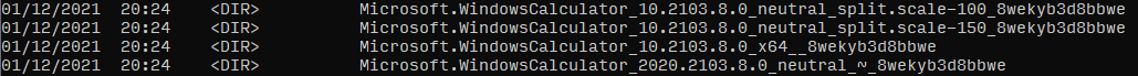 Screenshot of directory listing. Four directories are present, each starting with Microsoft.WindowsCalculator.