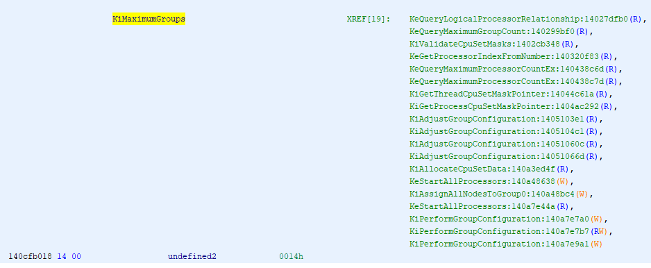 Screenshot of Ghidra showing the KiMaximumGroups value of 0x14, i.e. 20.