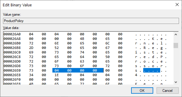 Screenshot of the ProductPolicy registry entry being modified. The UTF-16 string “Kernel-RegisteredProcessors” is present, followed by a 32-bit integer of value 4 specifying four maximum sockets.